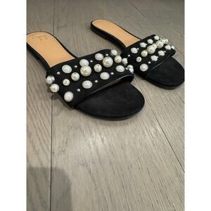 A New Day Size 7 Black Faux Pearl Embellished Flat Slip On Slide Sandals